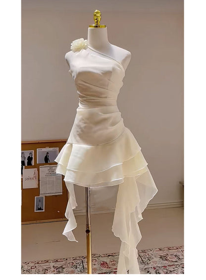 Cute A line One Shoulder White Summer Homecoming Dress Hoco Dress Mini 18th Birthday Outfit Cocktail Dresses DP1749