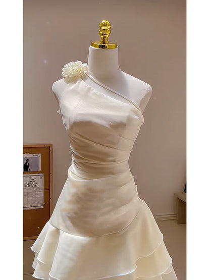 Cute A line One Shoulder White Summer Homecoming Dress Hoco Dress Mini 18th Birthday Outfit Cocktail Dresses DP1749