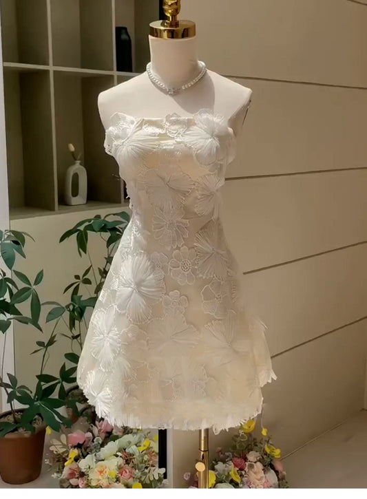 Simple A line Strapless White Short Lace Homecoming Dress Summer Hoco Dresses Cocktail Dress DP1751