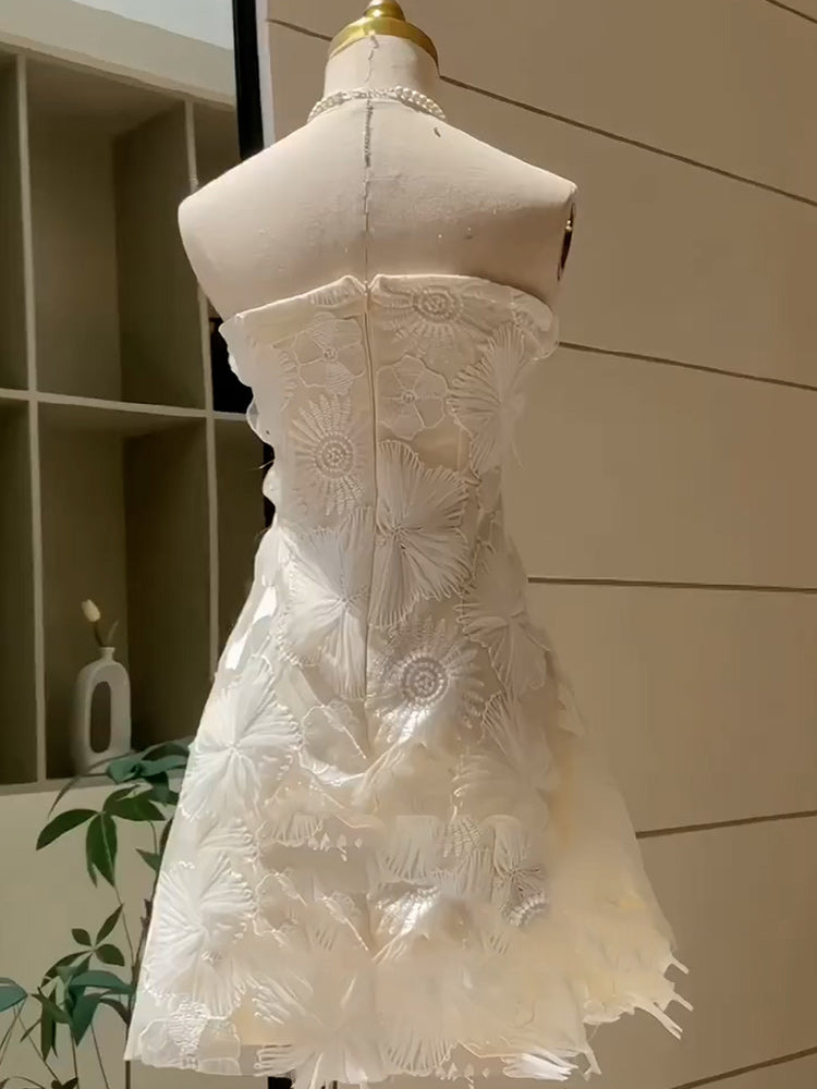 Simple A line Strapless White Short Lace Homecoming Dress Summer Hoco Dresses Cocktail Dress DP1751