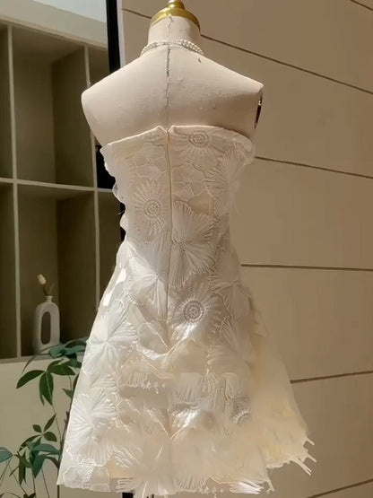 Simple A line Strapless White Short Lace Homecoming Dress Summer Hoco Dresses Cocktail Dress DP1751