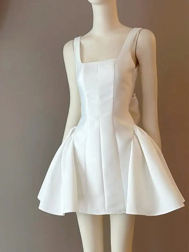 Cute A line Square White Summer Homecoming Dress Satin Hoco Dress Mini 18th Birthday Outfit Cocktail Dresses DP1752
