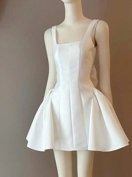 Cute A line Square White Summer Homecoming Dress Satin Hoco Dress Mini 18th Birthday Outfit Cocktail Dresses DP1752
