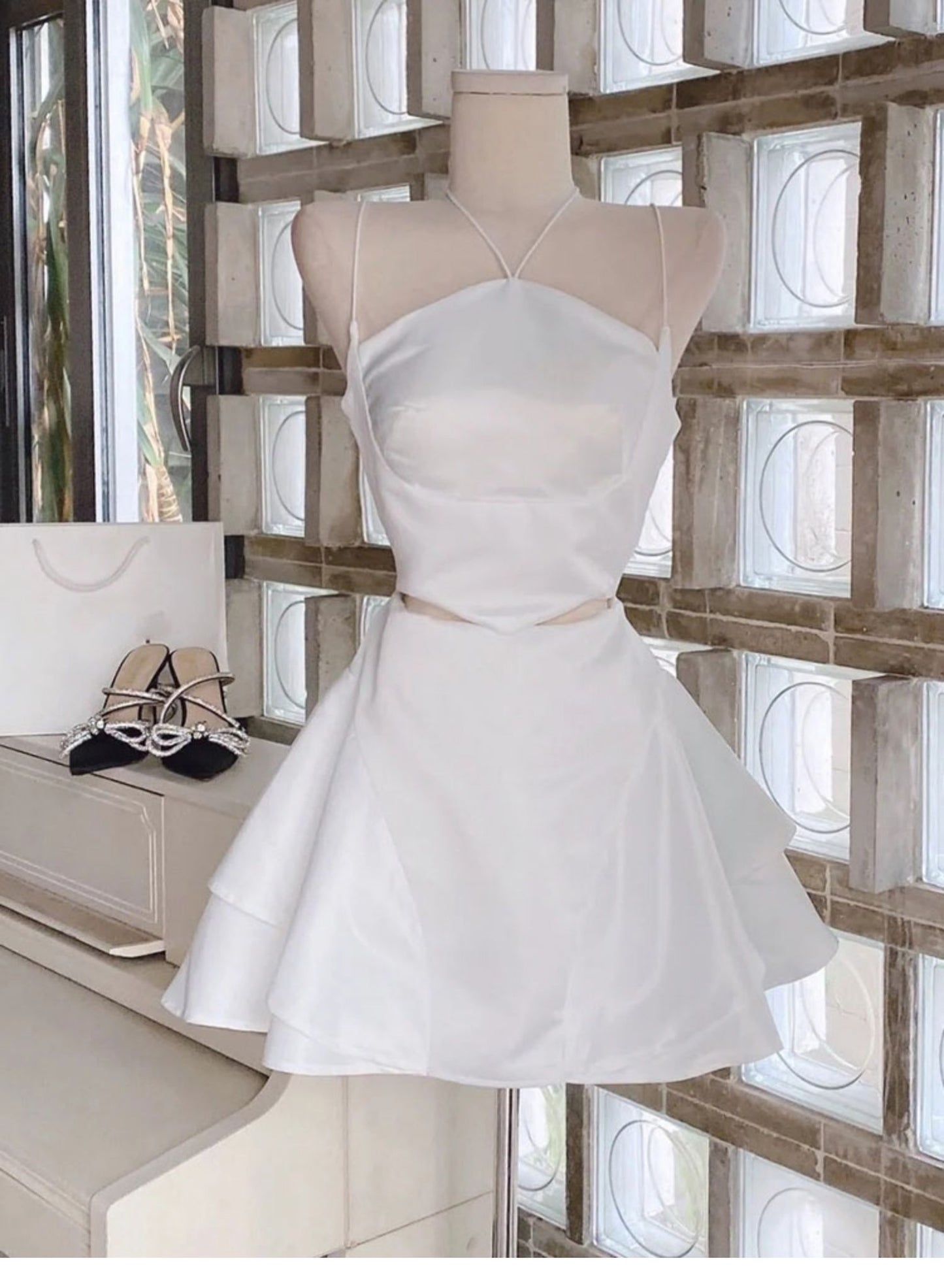 Cute A line Halter White Summer Homecoming Dress Hoco Dress Mini 16th Birthday Outfit Cocktail Dresses DP1756