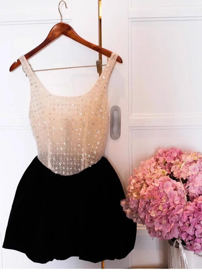 Cute A line Square Black Summer Homecoming Dress Velvet Hoco Dress Mini 18th Birthday Outfit Cocktail Dresses DP1757