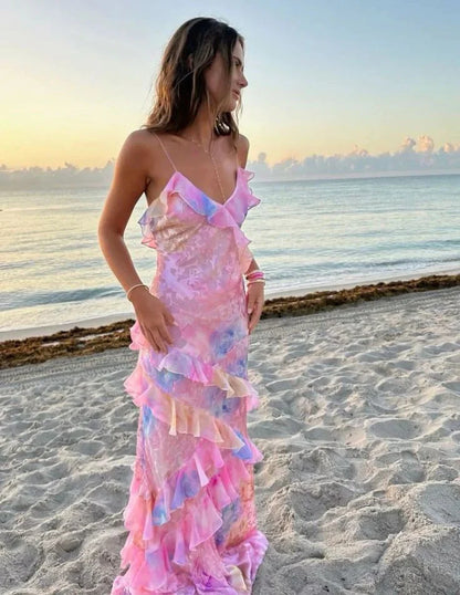 Dreamy elegant spaghetti strap pink layered ruffle maxi dress long chiffon evening gown Prom Dress gh2905