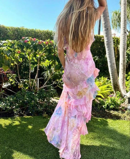 Dreamy elegant spaghetti strap pink layered ruffle maxi dress long chiffon evening gown Prom Dress gh2905