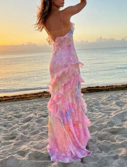 Dreamy elegant spaghetti strap pink layered ruffle maxi dress long chiffon evening gown Prom Dress gh2905