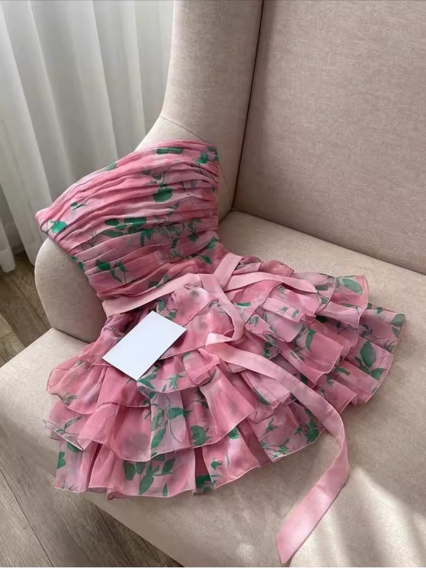 Cute A line Strapless Pink Floral Summer Homecoming Dress Hoco Dress Mini 16th Birthday Outfit Cocktail Dresses DP1759