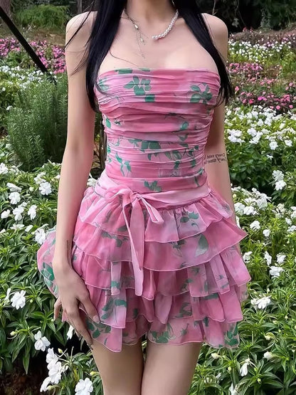 Cute A line Strapless Pink Floral Summer Homecoming Dress Hoco Dress Mini 16th Birthday Outfit Cocktail Dresses DP1759