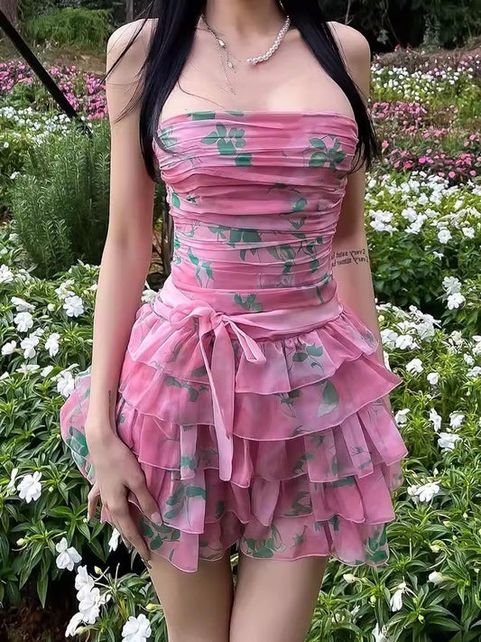 Cute A line Strapless Pink Floral Summer Homecoming Dress Hoco Dress Mini 16th Birthday Outfit Cocktail Dresses DP1759