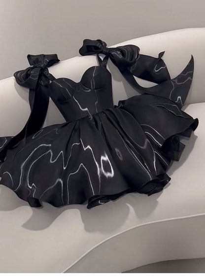 Cute A line Black Straps Summer Homecoming Dress Satin Hoco Dress Mini 18th Birthday Outfit Cocktail Dresses DP1760