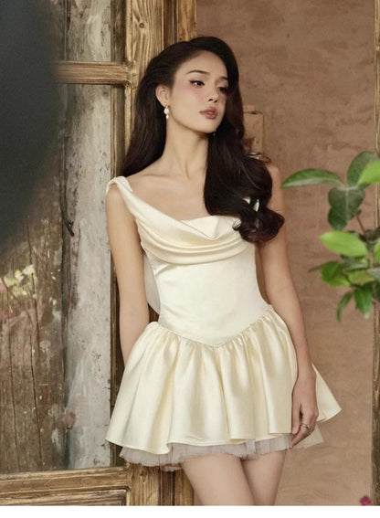 Cute A line Strapless Satin Ivory Short Summer Homecoming Dress Hoco Dress Mini 16th Birthday Outfit Cocktail Dresses DP1762
