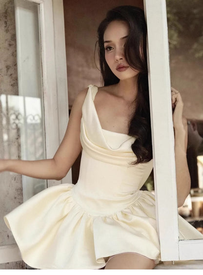 Cute A line Strapless Satin Ivory Short Summer Homecoming Dress Hoco Dress Mini 16th Birthday Outfit Cocktail Dresses DP1762