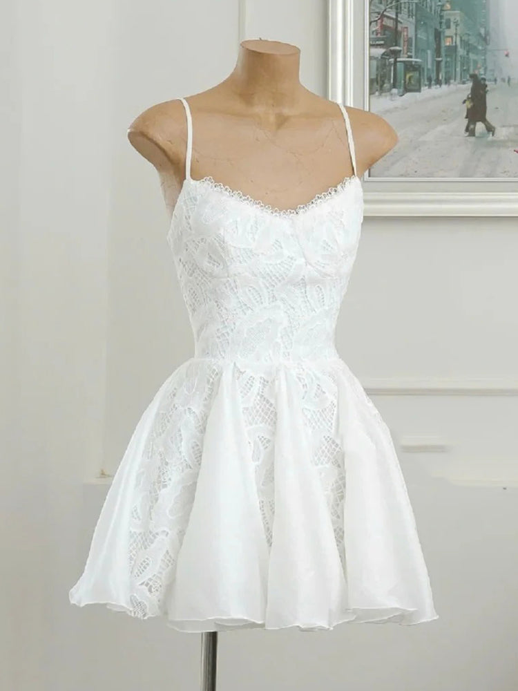 Simple A line Spaghetti Straps Black Lace Short Homecoming Dress Summer Hoco Dresses Cocktail Dress DP1763