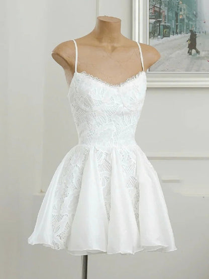 Simple A line Spaghetti Straps Black Lace Short Homecoming Dress Summer Hoco Dresses Cocktail Dress DP1763