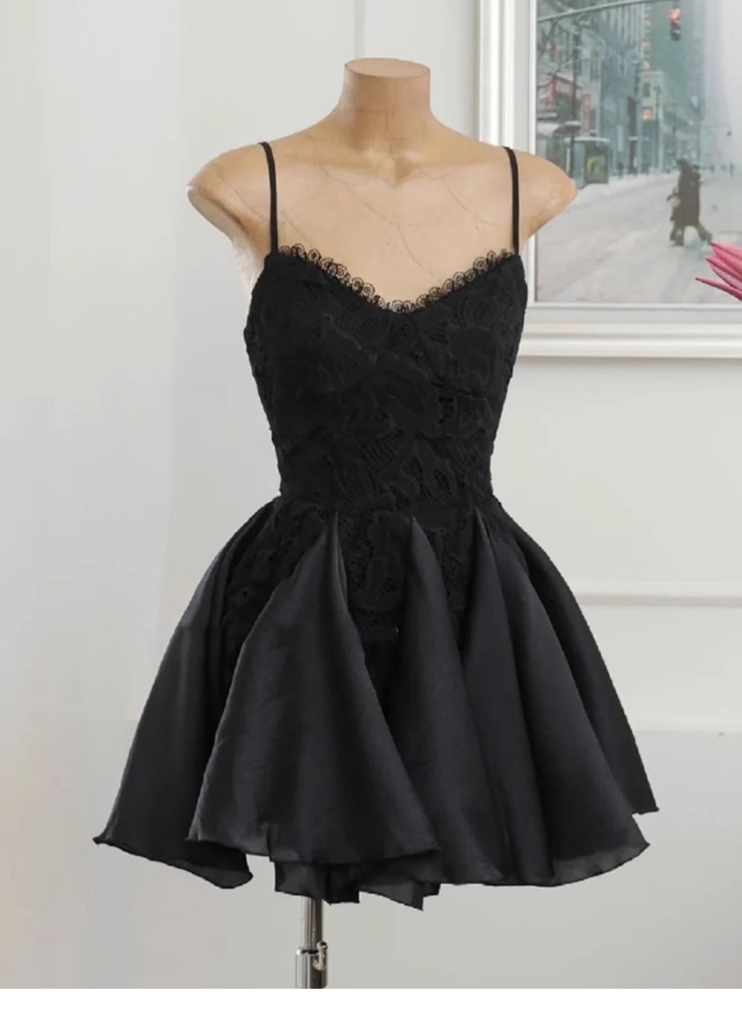 Simple A line Spaghetti Straps Black Lace Short Homecoming Dress Summer Hoco Dresses Cocktail Dress DP1763
