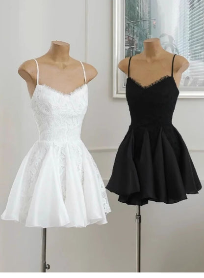 Simple A line Spaghetti Straps Black Lace Short Homecoming Dress Summer Hoco Dresses Cocktail Dress DP1763