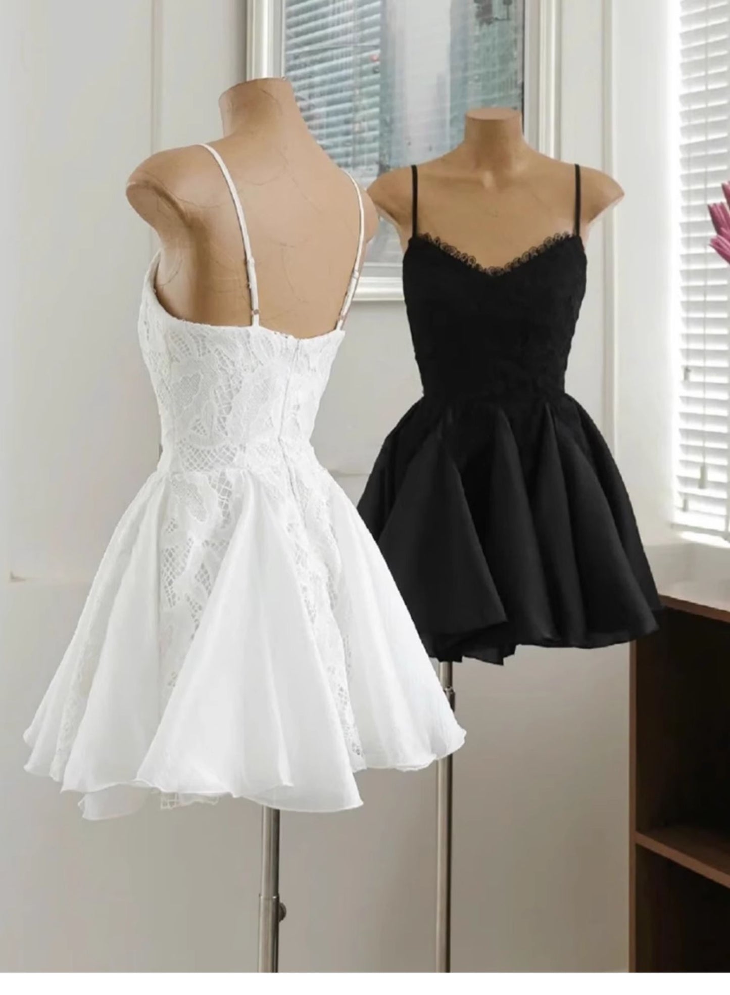 Simple A line Spaghetti Straps Black Lace Short Homecoming Dress Summer Hoco Dresses Cocktail Dress DP1763