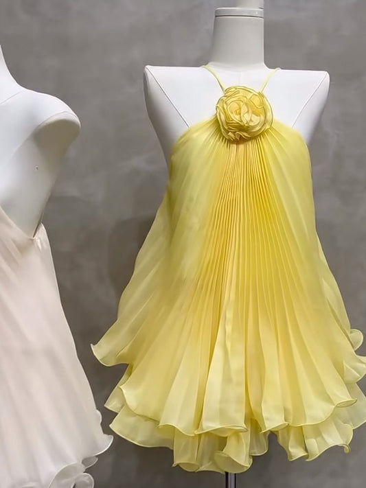 Cute A line Halter Yellow Summer Homecoming Dress Chiffon Hoco Dress Mini 18th Birthday Outfit Cocktail Dresses DP1765