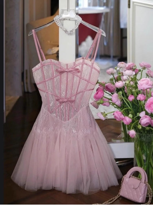 Simple A line Spaghetti Straps White Pink Lace Short Homecoming Dress Summer Hoco Dresses Cocktail Dress DP1768