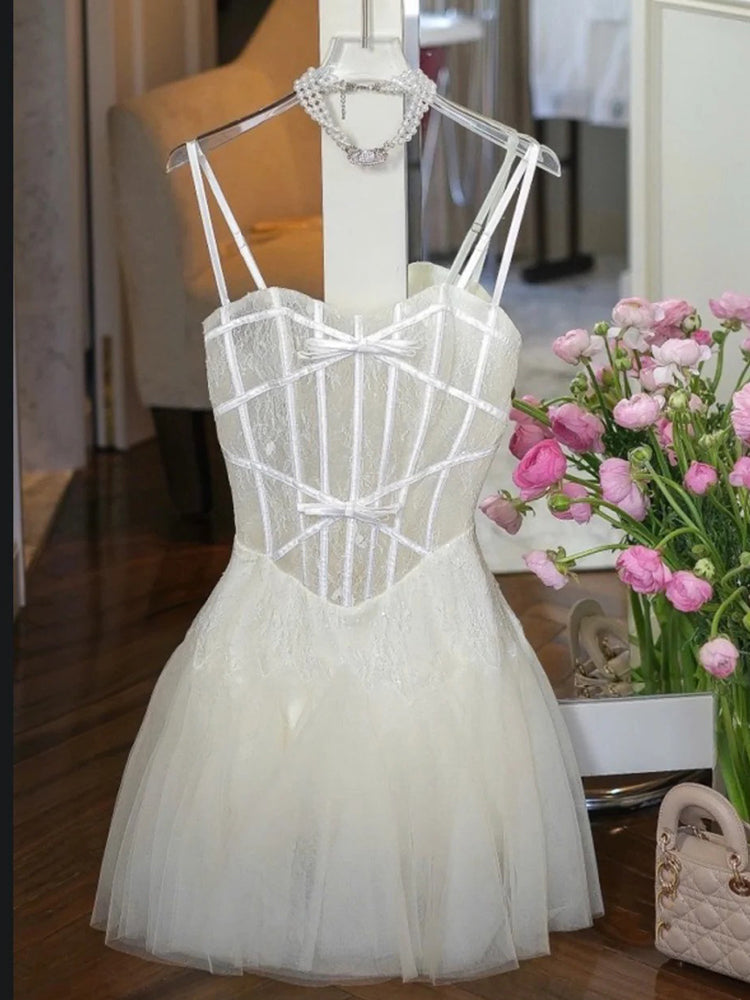 Simple A line Spaghetti Straps White Pink Lace Short Homecoming Dress Summer Hoco Dresses Cocktail Dress DP1768