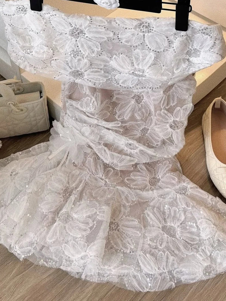 Simple A line One Shoulder White Floral Lace Short Homecoming Dress Summer Hoco Dresses Cocktail Dress D1768