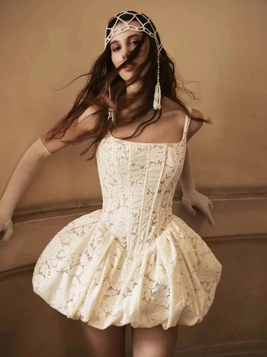 Simple Ball Gown Spaghetti Straps Lace Beige Homecoming Dress Summer Hoco Dresses Cocktail Dress DP1771