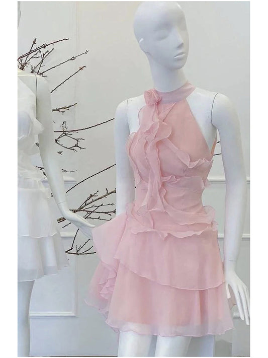 Cute A line Halter Pink Chiffon Summer Homecoming Dress Hoco Dress Mini 18th Birthday Outfit Cocktail Dresses DP1781