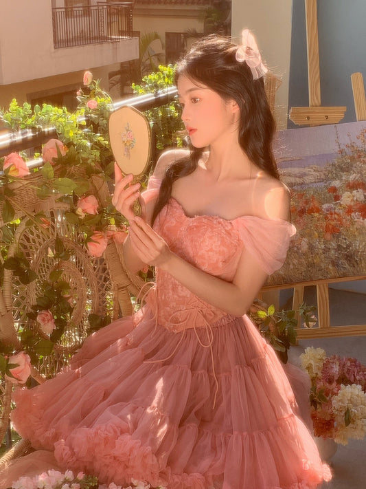 Cute Ball Gown Off The Shoulder Pink Lace Short Homecoming Dress Summer Pink Hoco Dresses Cocktail Dress For Senior Teens DP1788