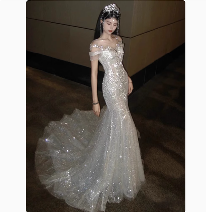 Ethereal Wedding Dress Mermaid Off The Shoulder Sequin Wedding Dresses Bridal Gowns DP1796