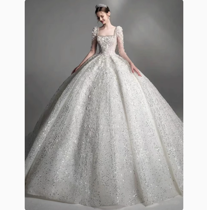 Pretty Wedding Dress Ball Gown Square Neck Lace Long Sleeves White Wedding Dresses Bridal Gowns DP1800