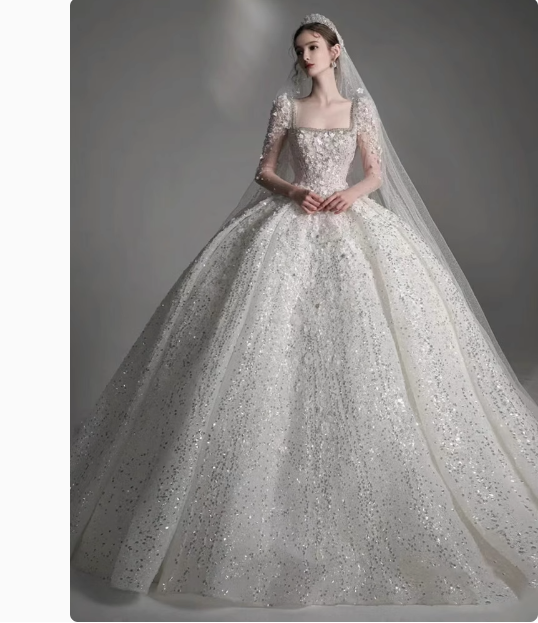 Pretty Wedding Dress Ball Gown Square Neck Lace Long Sleeves White Wedding Dresses Bridal Gowns DP1800