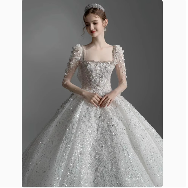 Pretty Wedding Dress Ball Gown Square Neck Lace Long Sleeves White Wedding Dresses Bridal Gowns DP1800