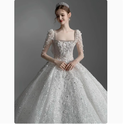 Pretty Wedding Dress Ball Gown Square Neck Lace Long Sleeves White Wedding Dresses Bridal Gowns DP1800