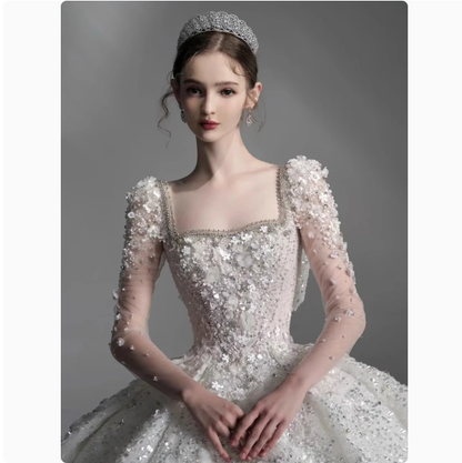 Pretty Wedding Dress Ball Gown Square Neck Lace Long Sleeves White Wedding Dresses Bridal Gowns DP1800