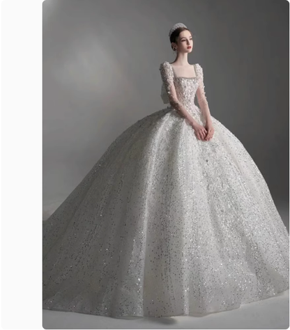 Pretty Wedding Dress Ball Gown Square Neck Lace Long Sleeves White Wedding Dresses Bridal Gowns DP1800