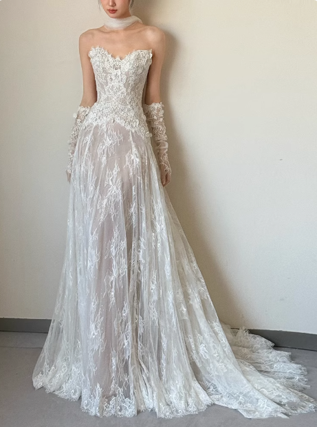 Classic Bridal Dress A line Sweetheart Lace White Wedding Dresses Minimalist Bridal Gowns DP1801