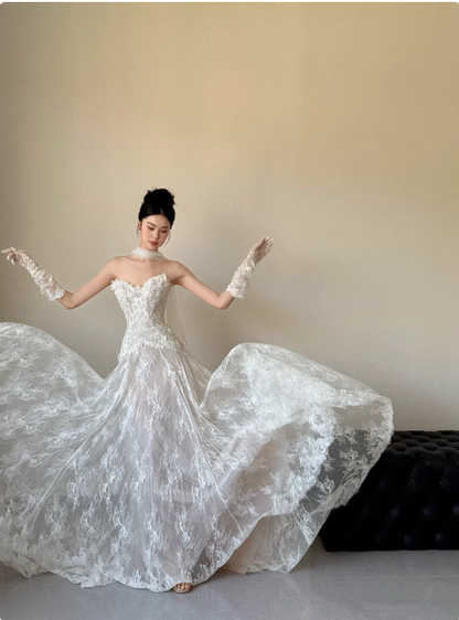 Classic Bridal Dress A line Sweetheart Lace White Wedding Dresses Minimalist Bridal Gowns DP1801