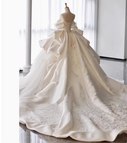 Dreamy Wedding Dress Ball Gown Off The Shoulder Satin Wedding Dresses Bridal Gowns DP1803