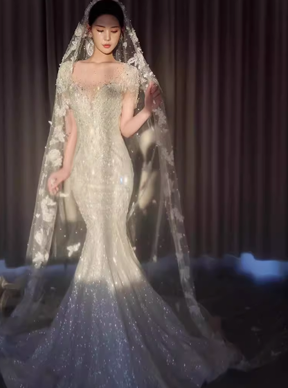 Romantic Bridal Gown Mermaid Scoop Sequin White Wedding Dresses Minimalist Bridal Gowns DP1804