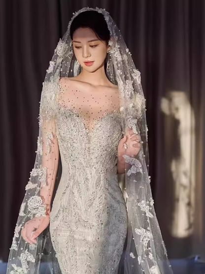 Romantic Bridal Gown Mermaid Scoop Sequin White Wedding Dresses Minimalist Bridal Gowns DP1804