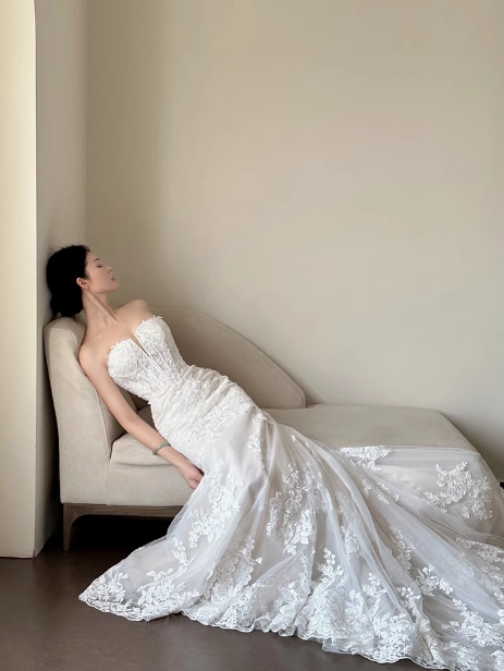 Classic Bridal Dress Mermaid Sweetheart Lace White Wedding Dresses Minimalist Bridal Gowns DP1806