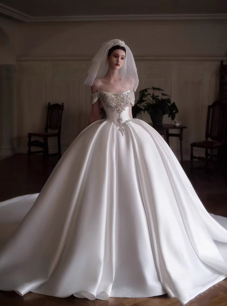 Dreamy Wedding Dress Ball Gown Off The Shoulder Satin Wedding Dresses Bridal Gowns DP1807