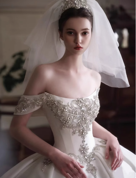 Dreamy Wedding Dress Ball Gown Off The Shoulder Satin Wedding Dresses Bridal Gowns DP1807