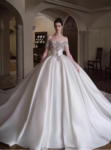 Dreamy Wedding Dress Ball Gown Off The Shoulder Satin Wedding Dresses Bridal Gowns DP1807