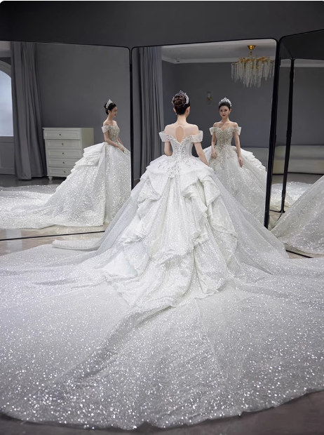 Dreamy Wedding Dress Ball Gown Off The Shoulder Sequin Wedding Dresses Bridal Gowns DP1808