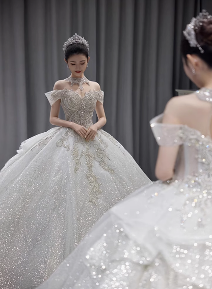 Dreamy Wedding Dress Ball Gown Off The Shoulder Sequin Wedding Dresses Bridal Gowns DP1808