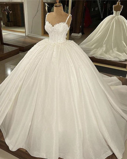 Pretty Wedding Dress Ball Gown Spaghetti Straps Sequin White Long Wedding Dresses Bridal Gowns DP1822