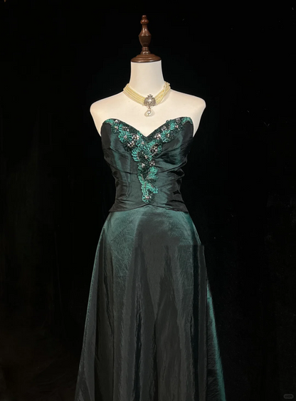 Vintage A line Sweetheart Green Long Prom Dress Party Dress Graduation Dresses Birthday Outfits DP1834